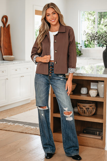 Dark Brown Leopard-Trim Cropped Jacket