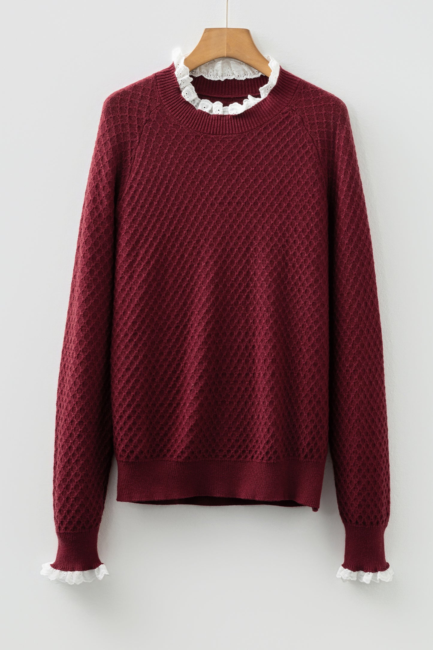 Burgundy Lace-Trim Raglan Sweater