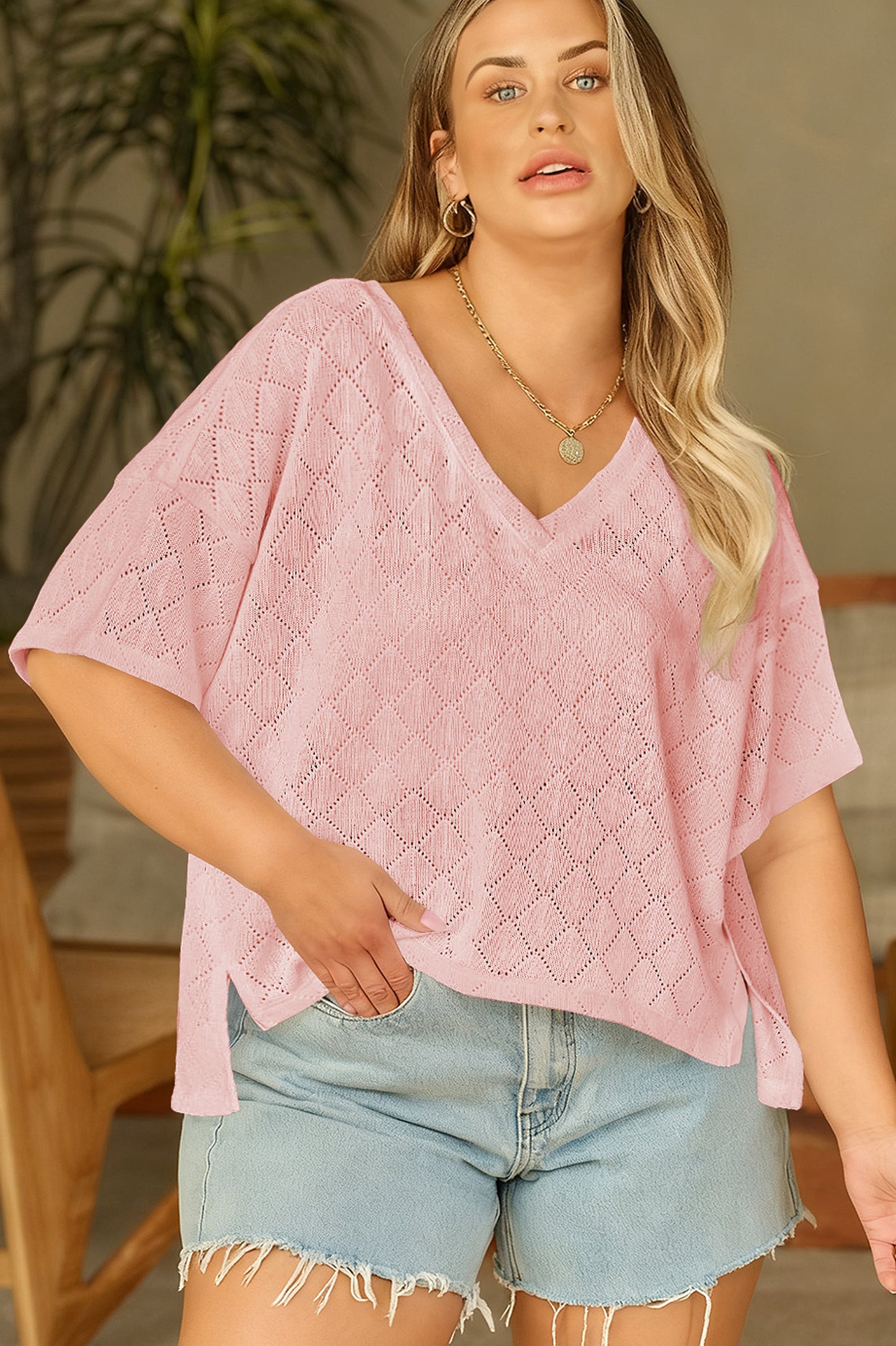 Golden Fleece Pointelle V-Neck Knit Top