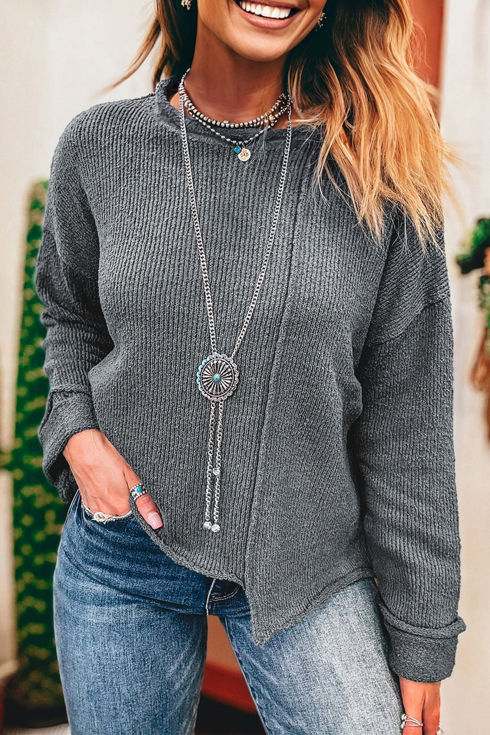 Medium Gray Raw-Edge Relaxed Sweater