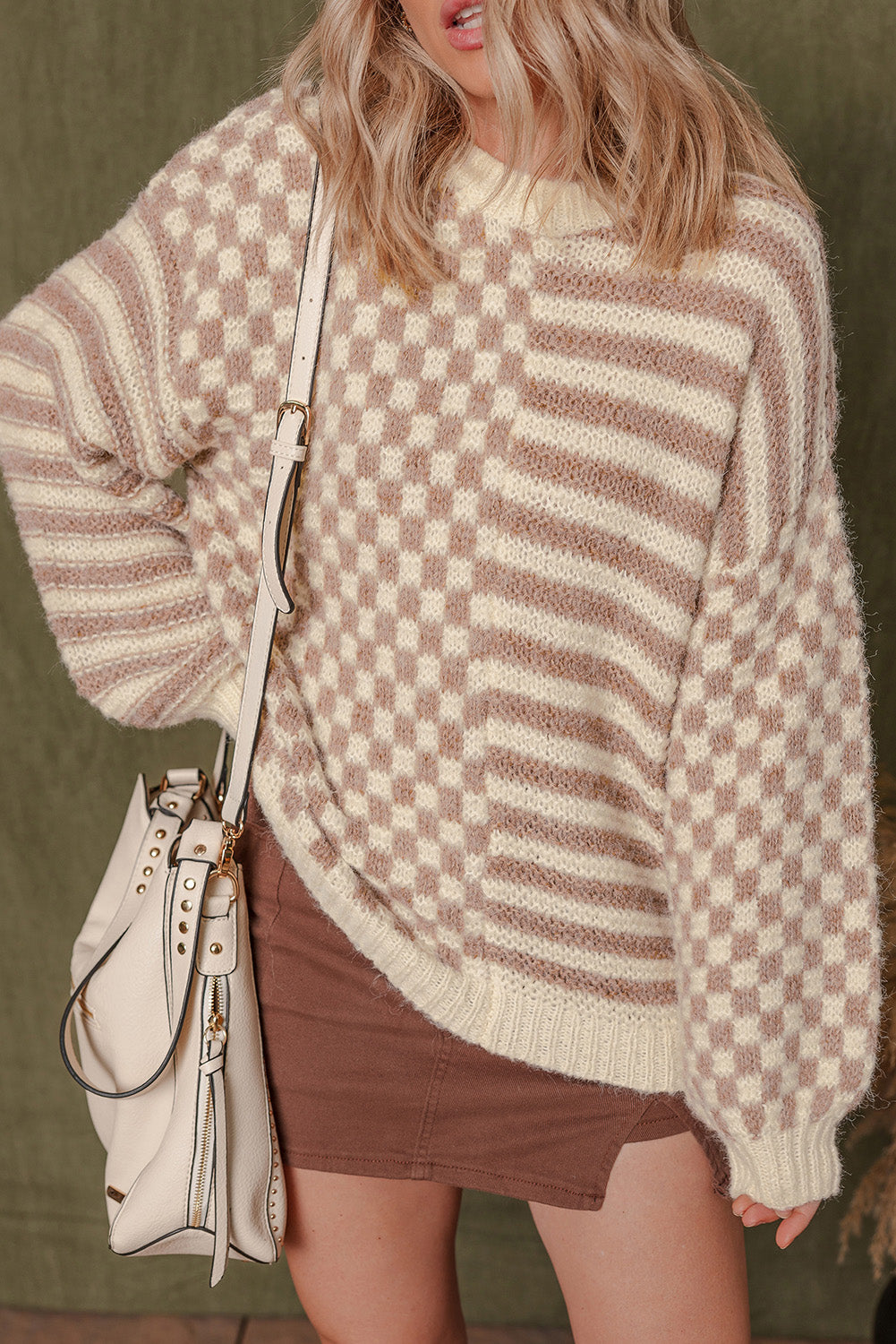 Khaki Checkerboard Striped Sweater