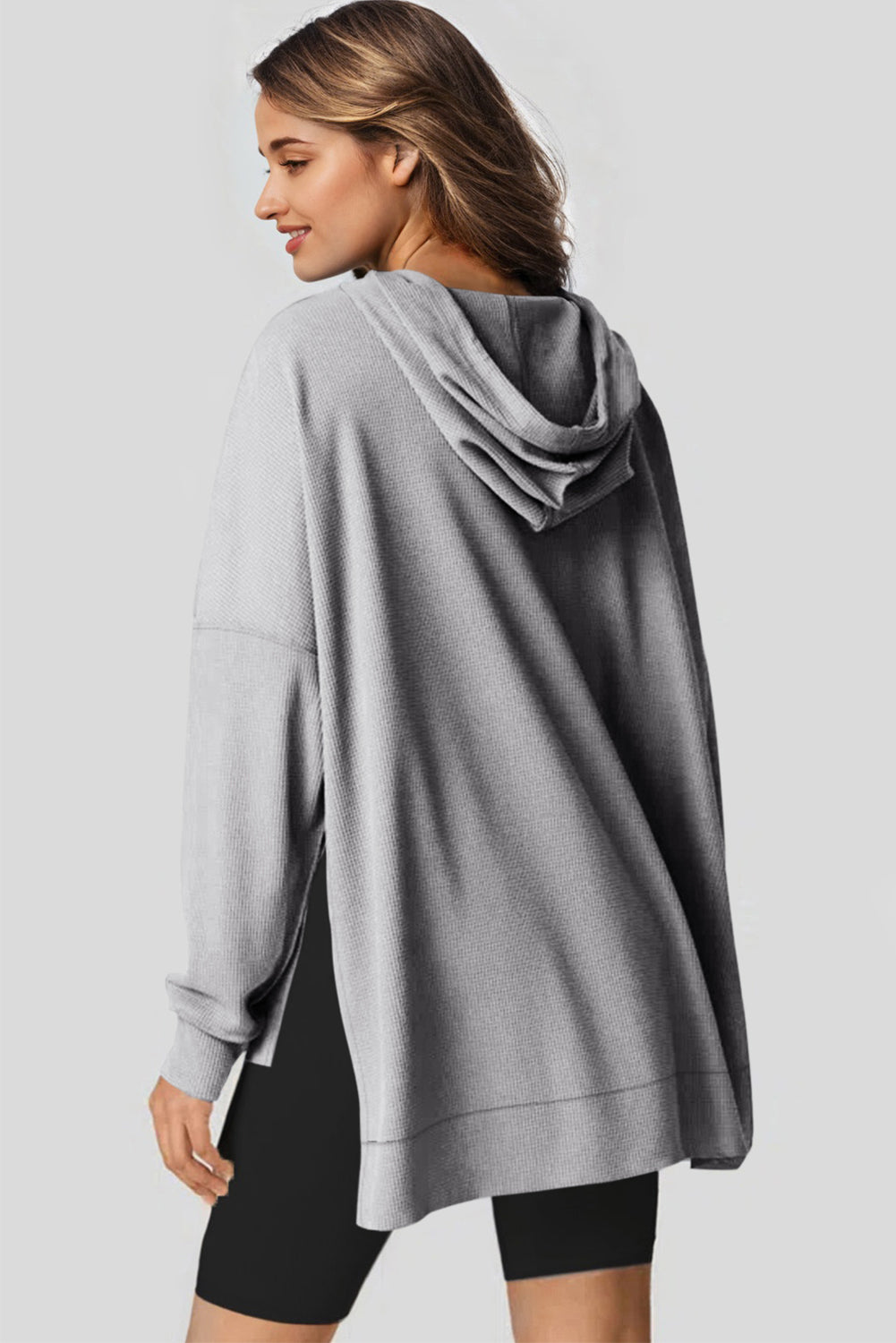 Black Waffle-Knit High-Low Oversized Hoodie
