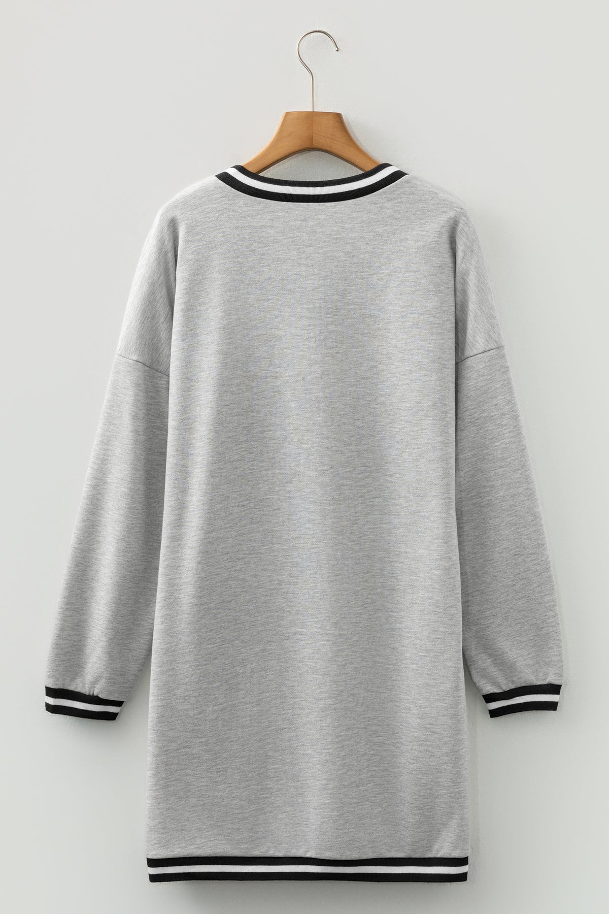 Light Grey Striped Trim V-Neck Long-Sleeve Preppy T-Shirt Dress