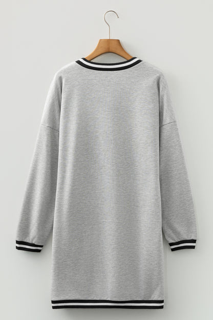 Light Grey Striped Trim V-Neck Long-Sleeve Preppy T-Shirt Dress