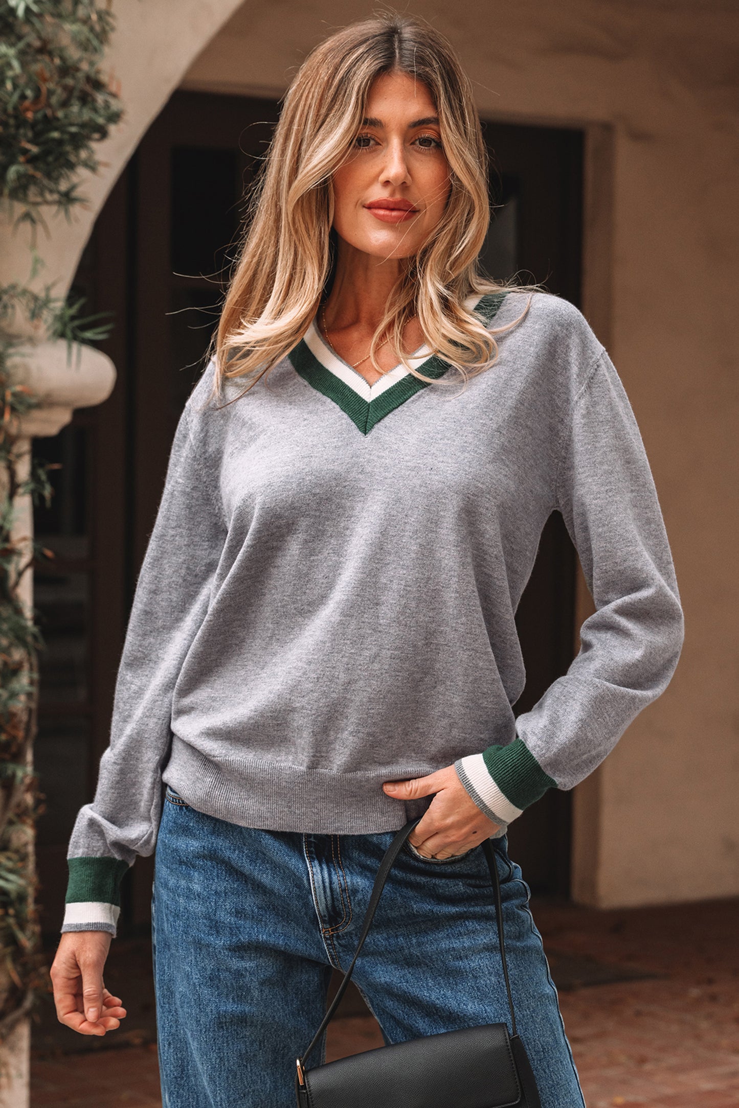 Gray Varsity Striped-Trim Sweater