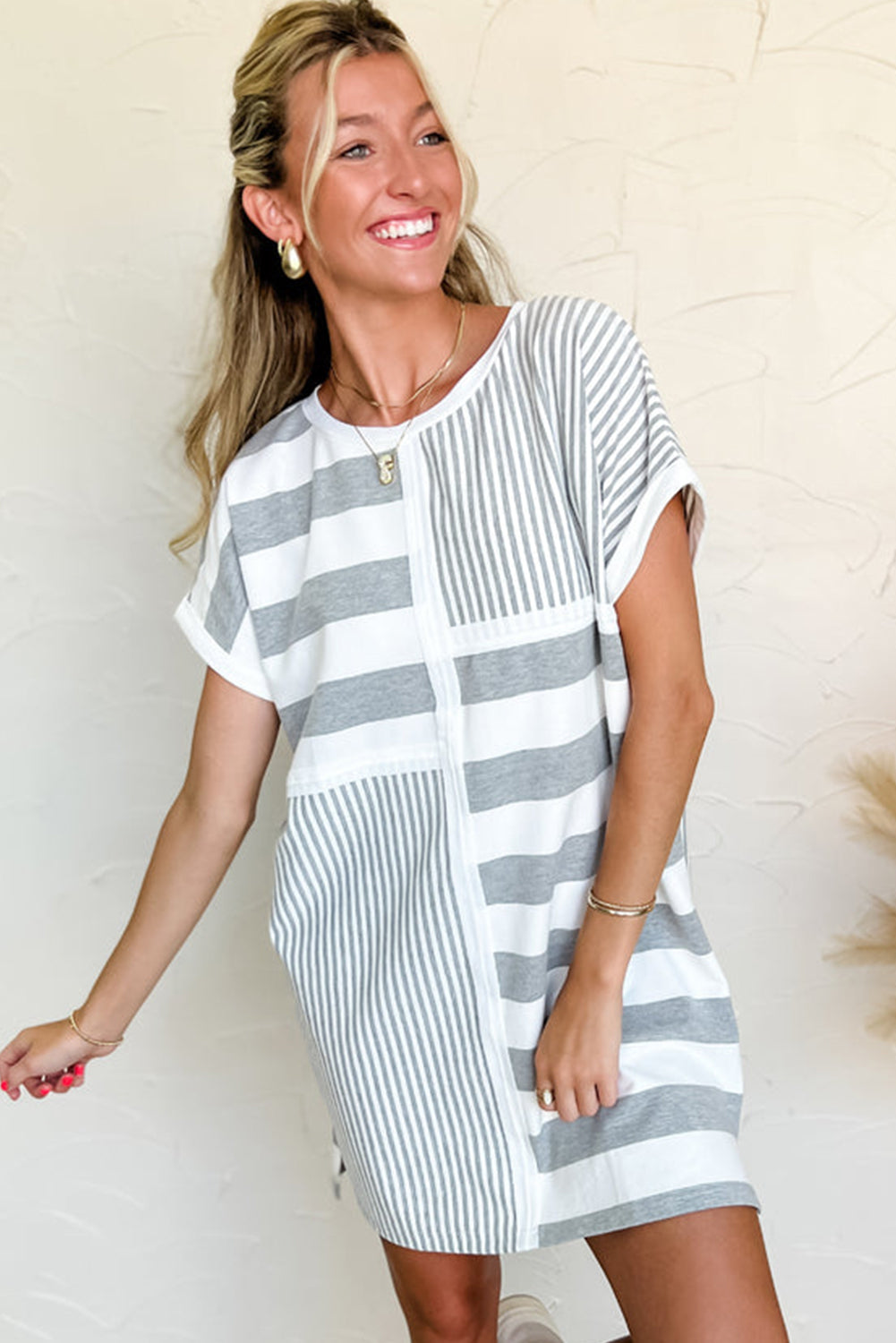 Gray Mixed-Stripe T-Shirt Shift Dress