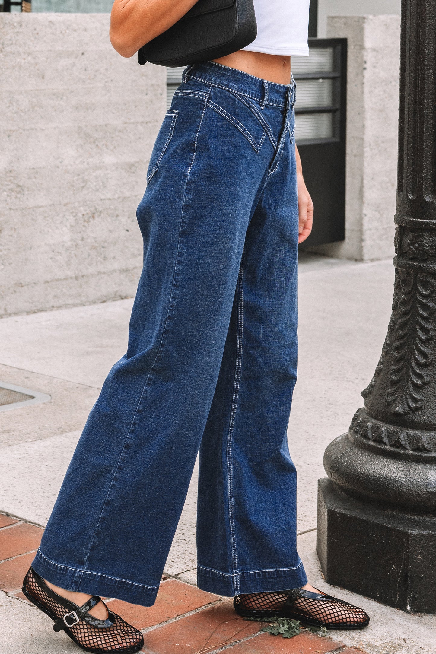 Sail Blue Stitched-Waist Wide-Leg Jeans