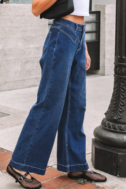 Sail Blue Stitched-Waist Wide-Leg Jeans