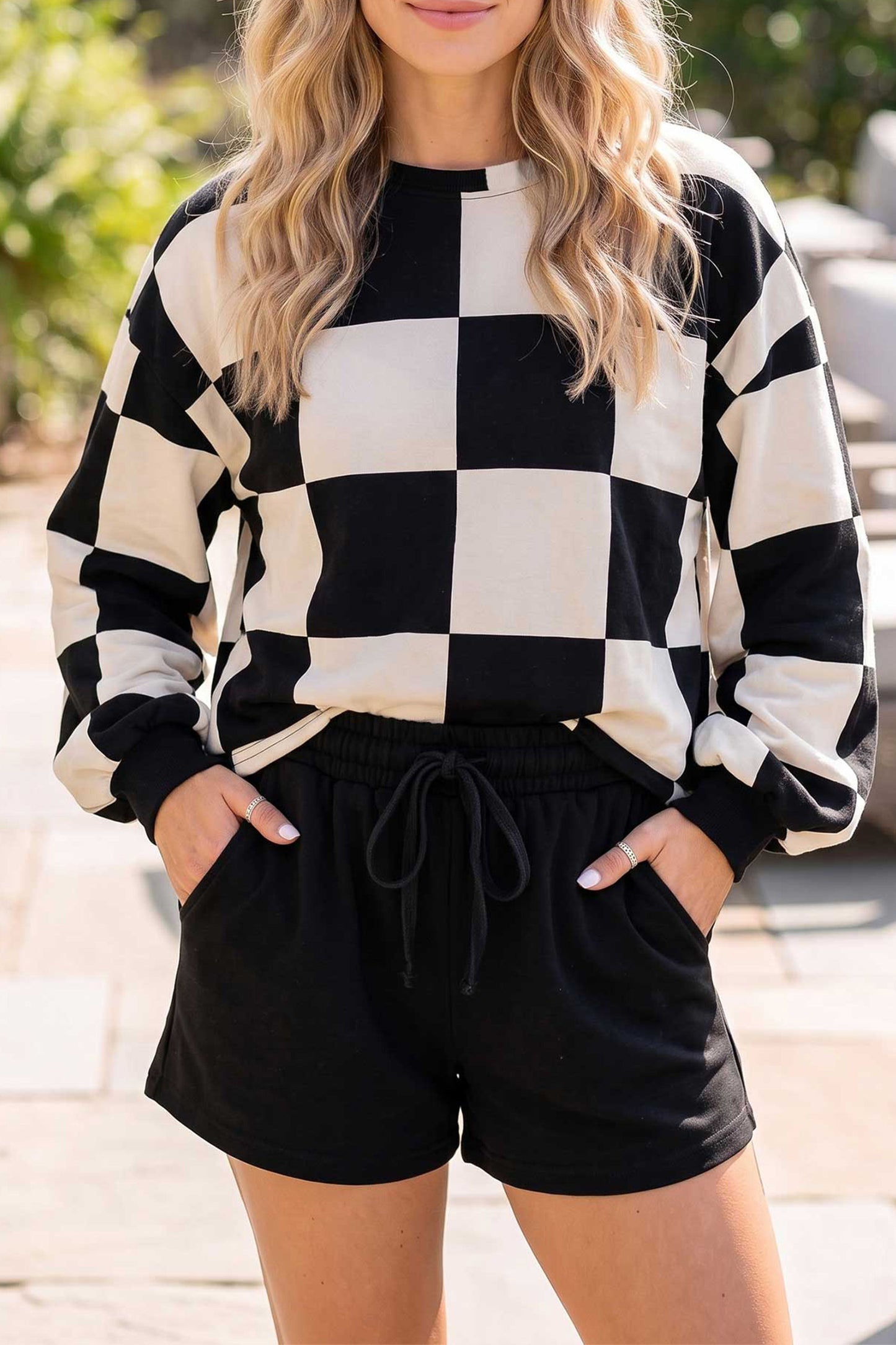 Khaki Checkerboard Plaid Long-Sleeve Solid Shorts Two-Piece Set