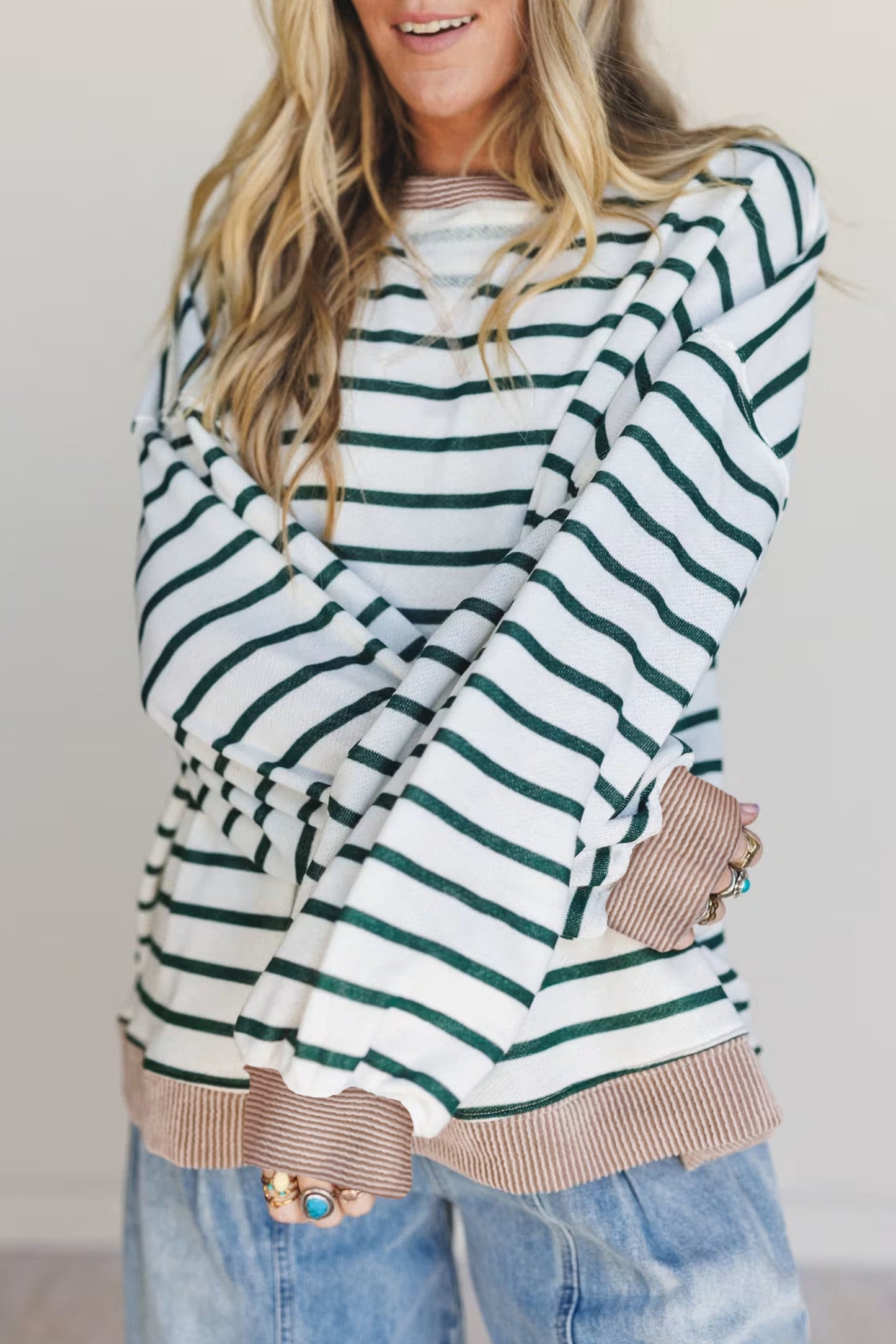 White Striped Contrast-Trim Sweatshirt