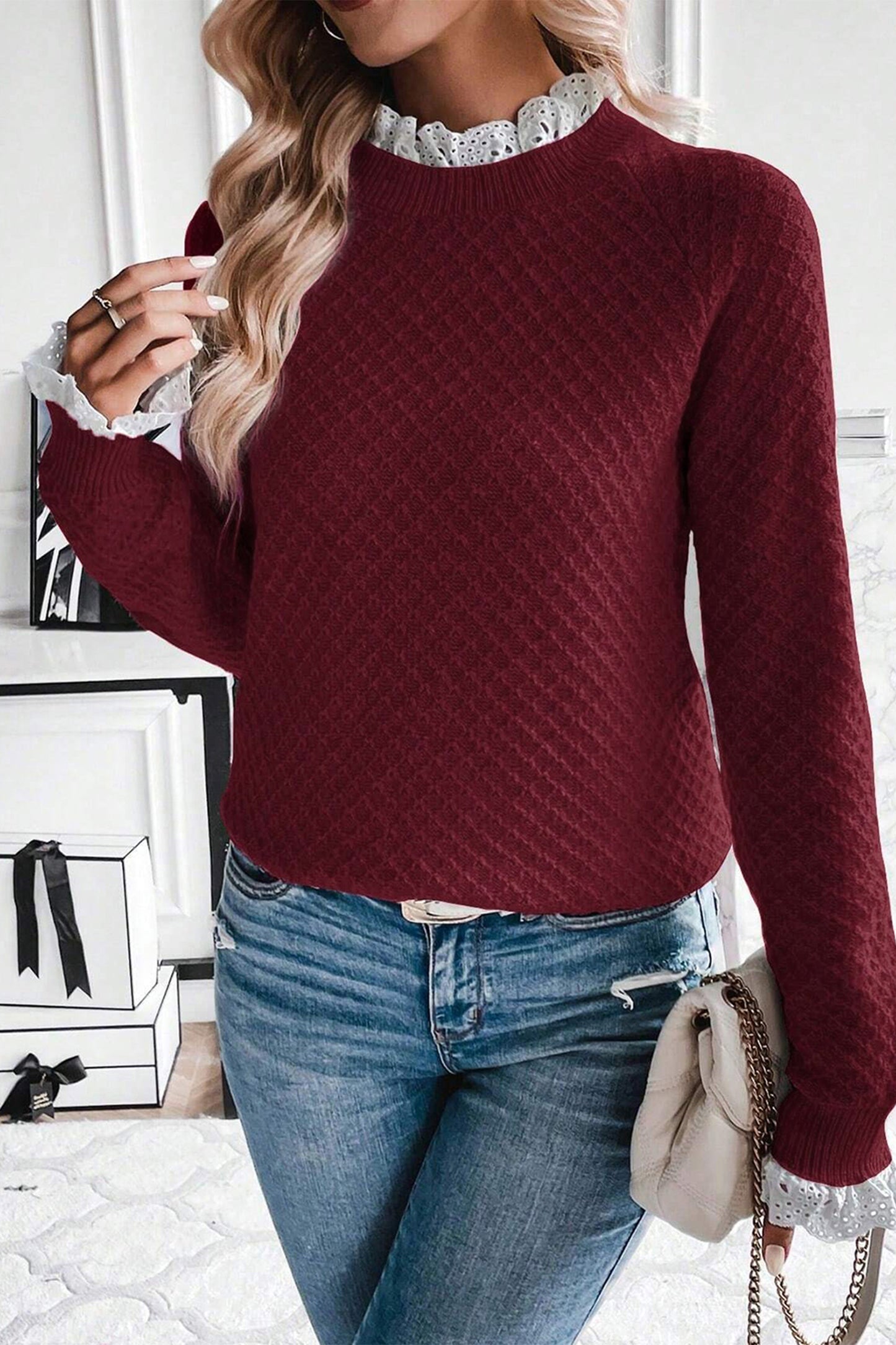 Burgundy Lace-Trim Raglan Sweater