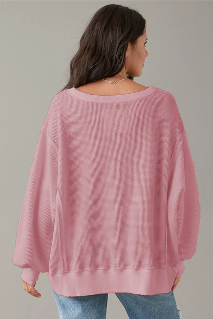 Gray Waffle-Knit Bishop-Sleeve Oversized Top