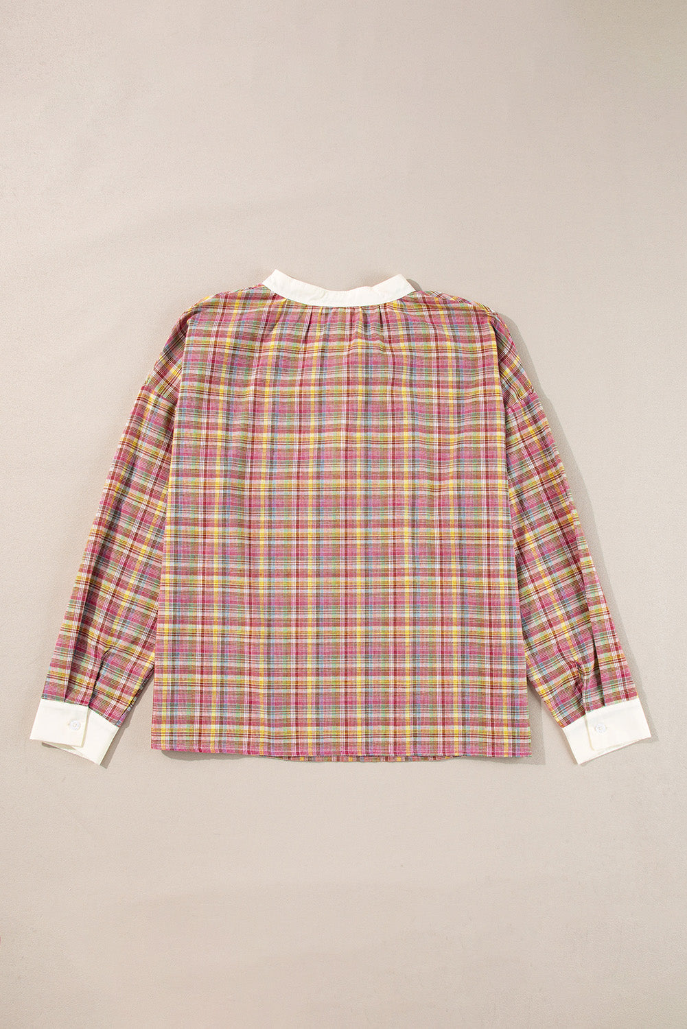 Pink Plaid Contrast-Trim Henley Blouse