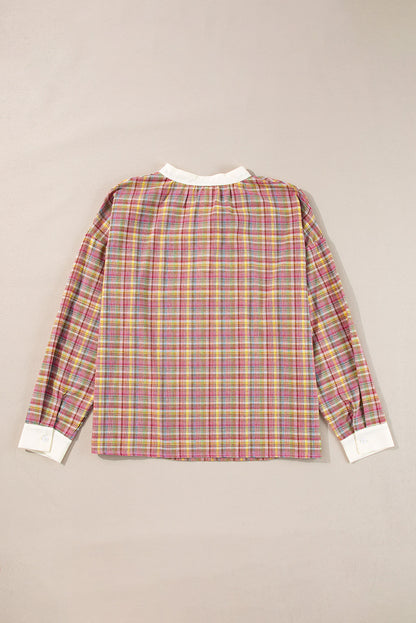 Pink Plaid Contrast-Trim Henley Blouse