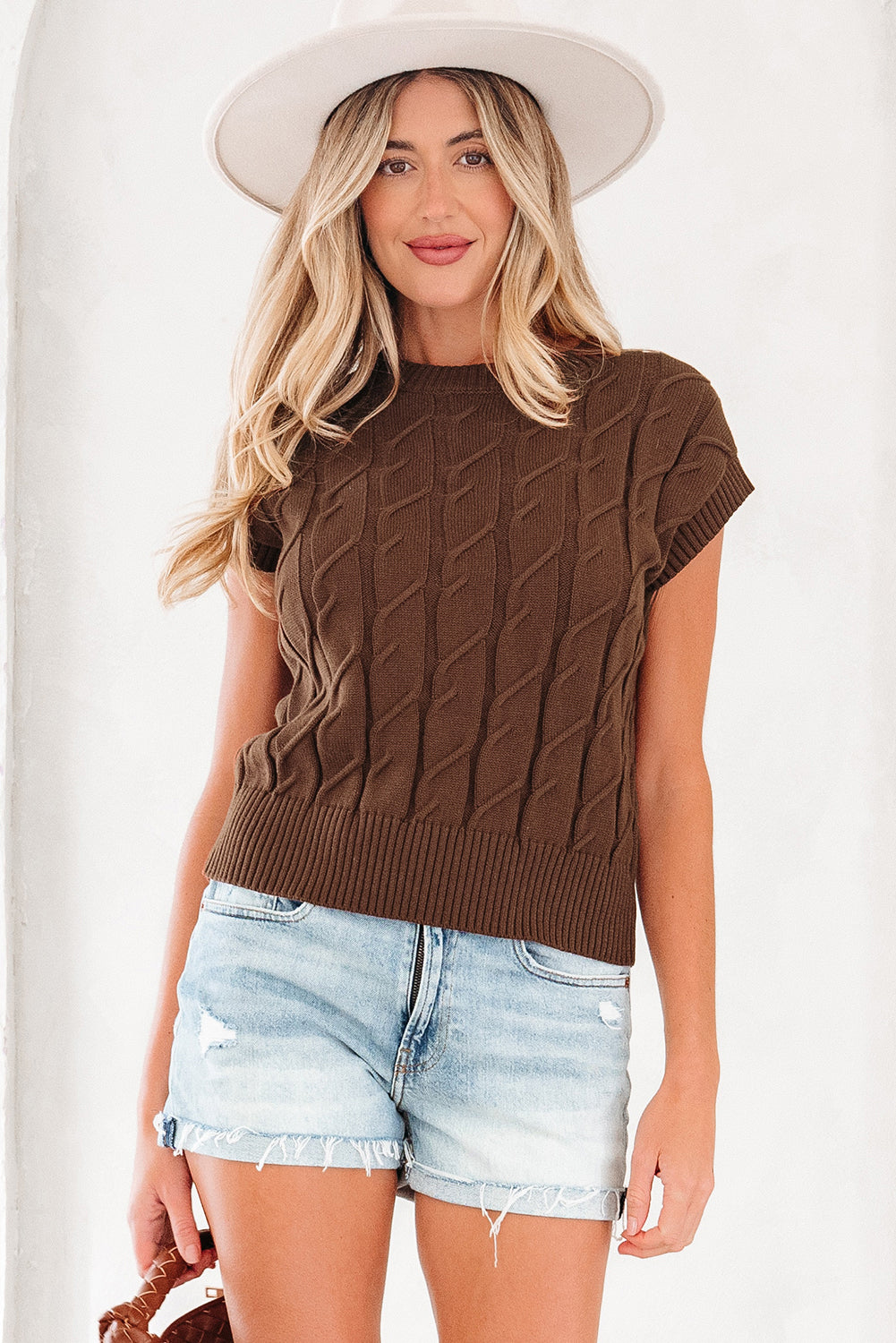 Dark Brown Cable-Knit Short-Sleeve Sweater
