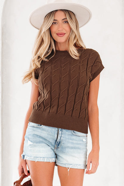 Dark Brown Cable-Knit Short-Sleeve Sweater