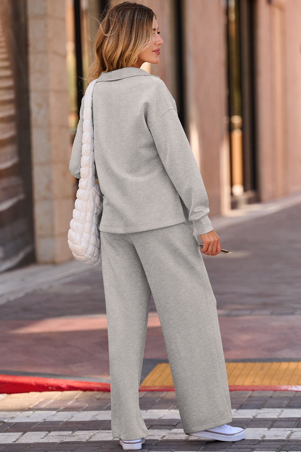 Gray Solid V-Neck Top and High-Waist Pants Set