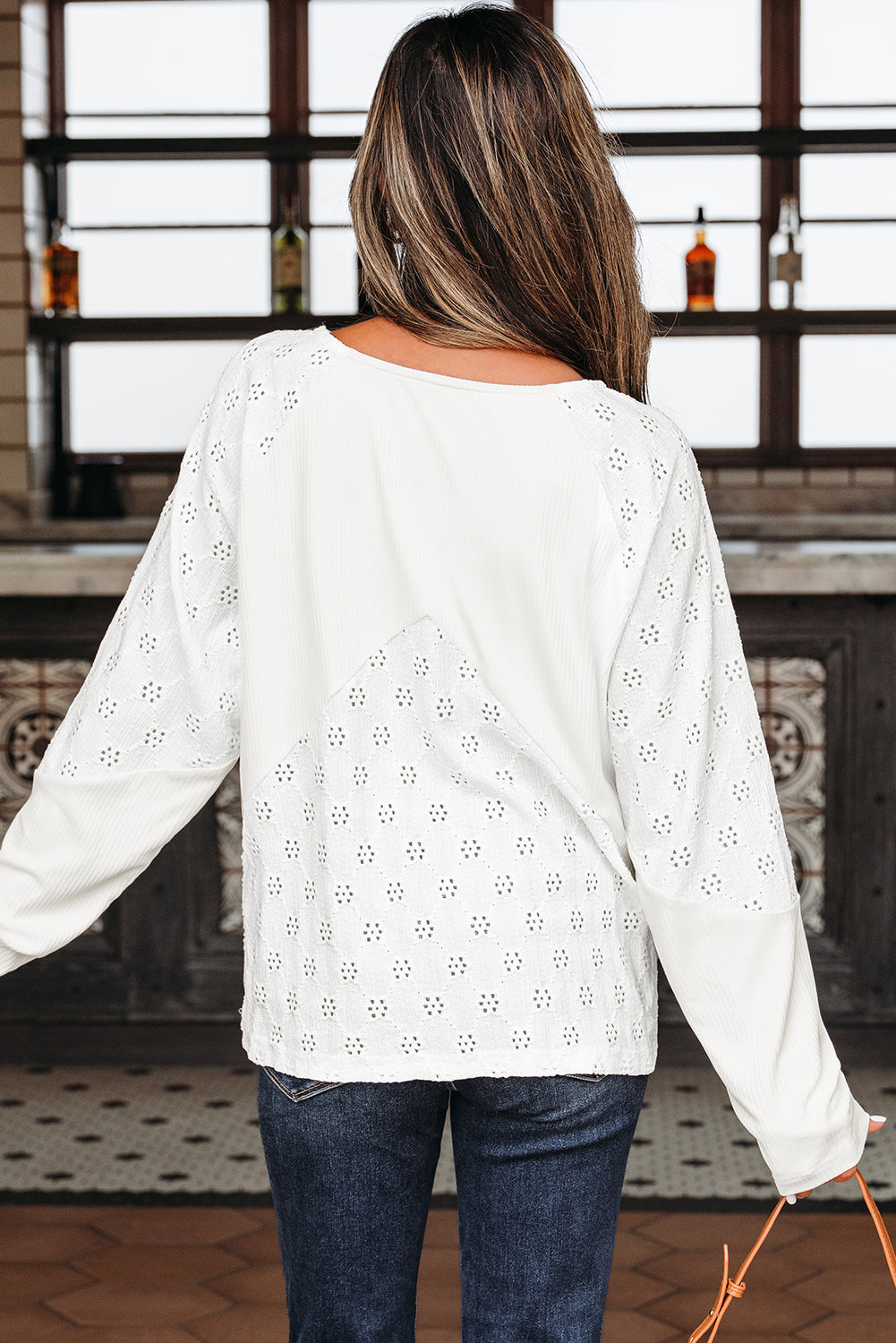 White Embroidered Patchwork V-Neck Top
