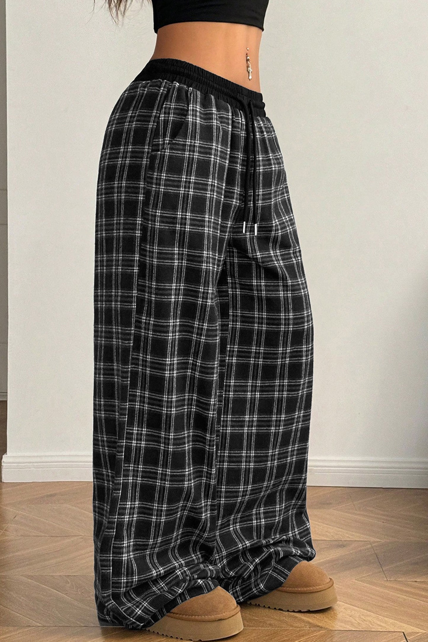 Black Frenchy Plaid Pattern Contrast Drawstring Waist Wide-Leg Pants