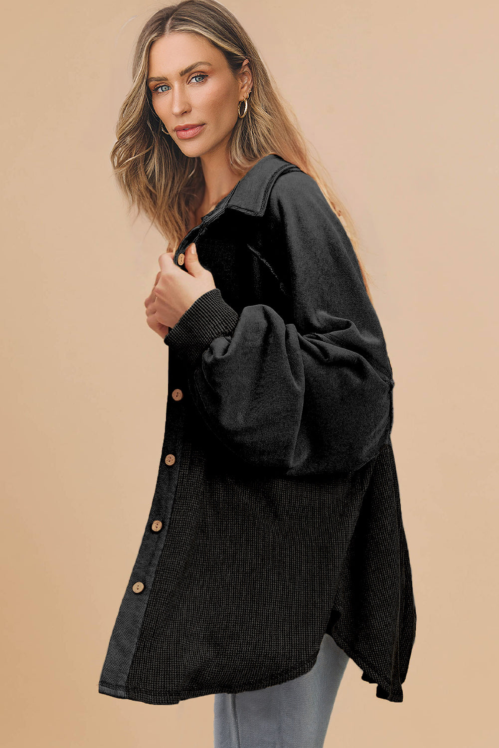 Black Waffle-Knit Oversized Shacket