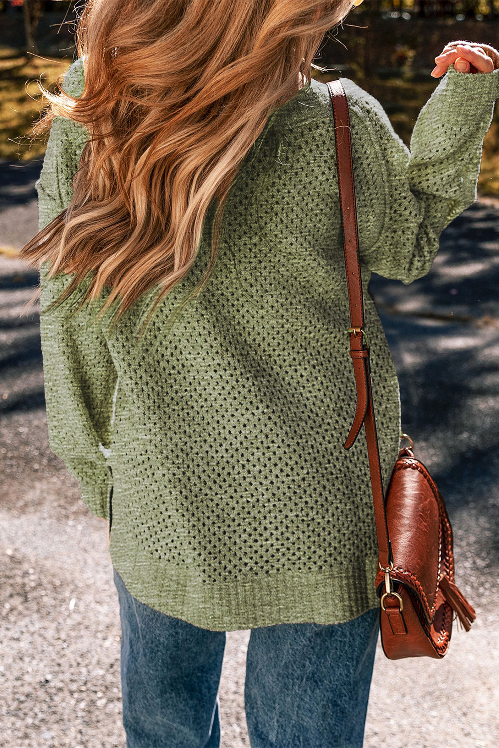 Jungle Green Eyelet Drop-Shoulder V-Neck Sweater