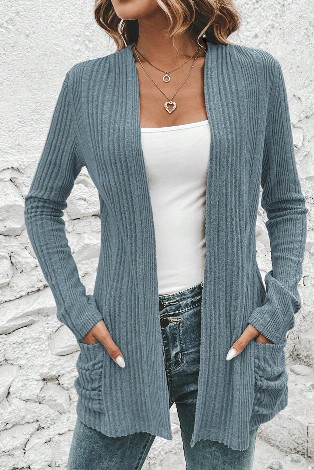 Stone Blue Ribbed Open-Front Cardigan
