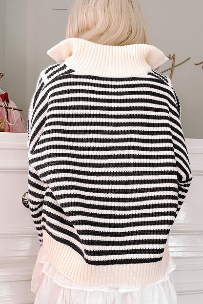 Khaki Striped Zip-Collar Sweater