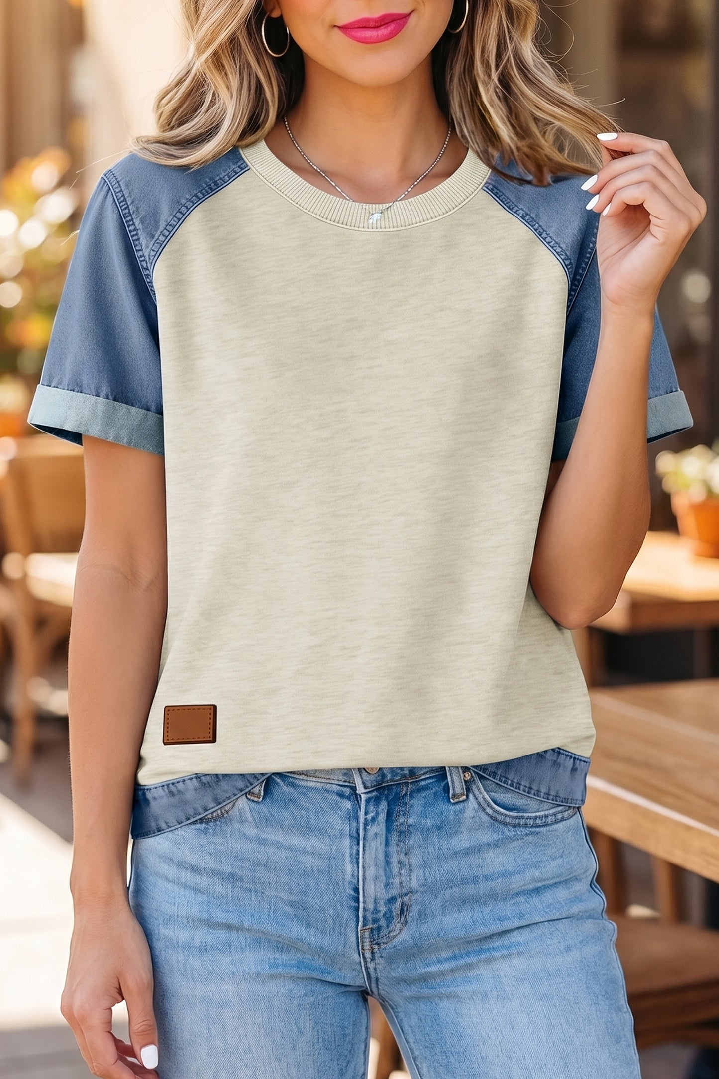 Parchment Denim Color Block Patchwork Round-Neck Tee