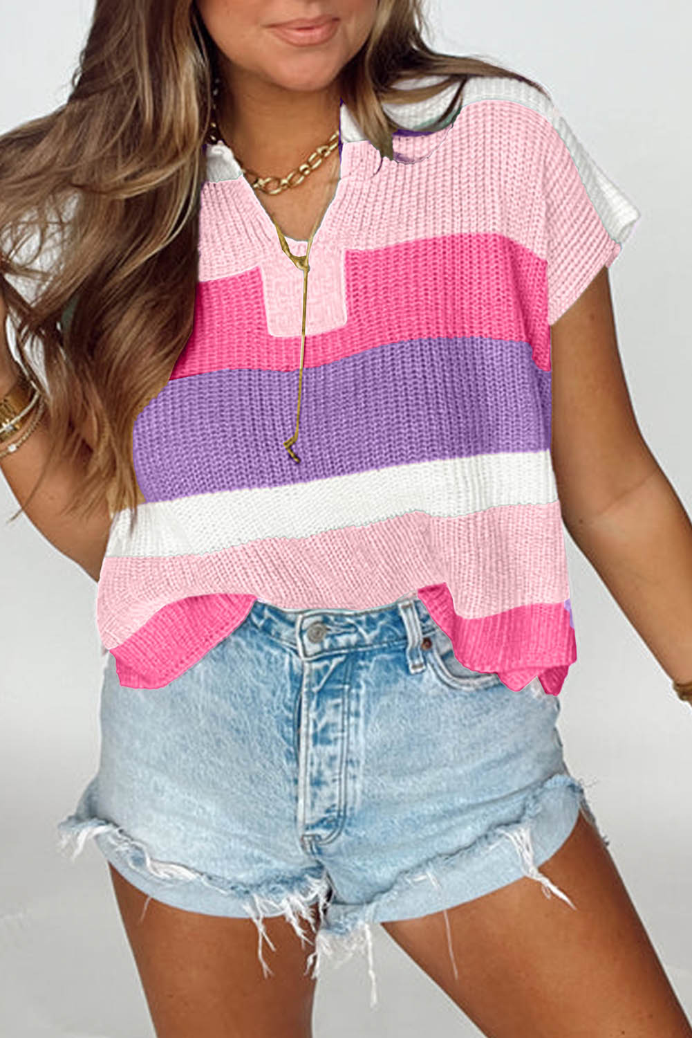 Light Blue Color-Block Notch-Neck Knit Top