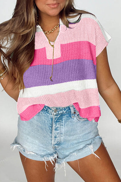 Light Blue Color-Block Notch-Neck Knit Top