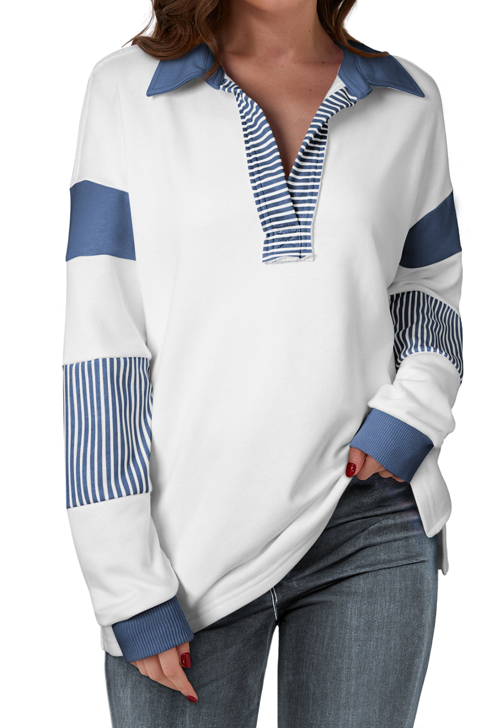 Pink Stripe Color-Block Patchwork Sweatshirt