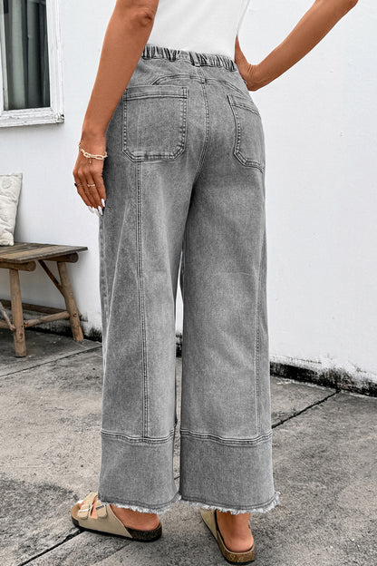 Prussian Blue Drawstring Seam Detail Raw Hem Wide-Leg Denim Pants