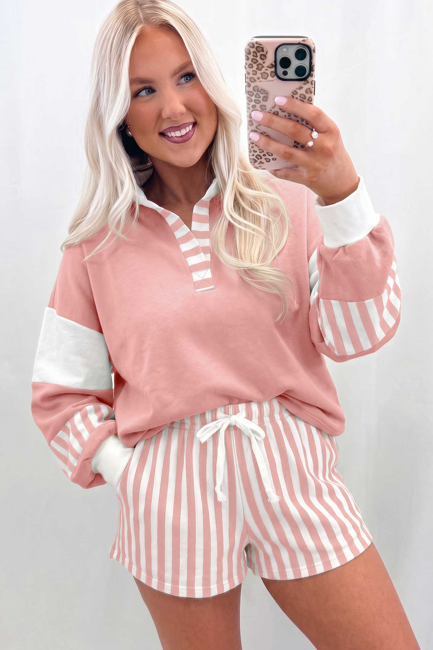 Striped Color-Block Pullover and Drawstring Shorts Set