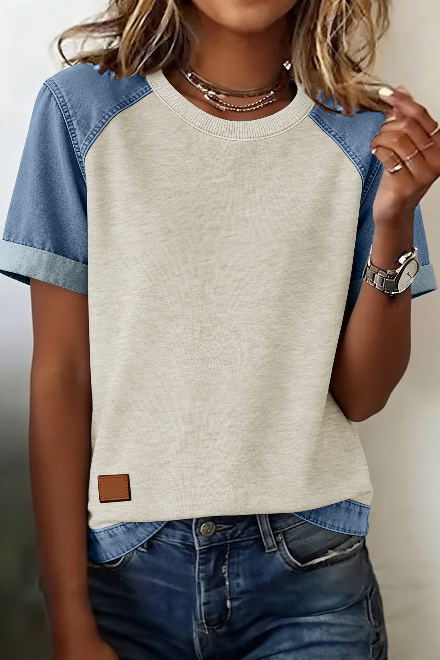 Parchment Denim Color Block Patchwork Round-Neck Tee