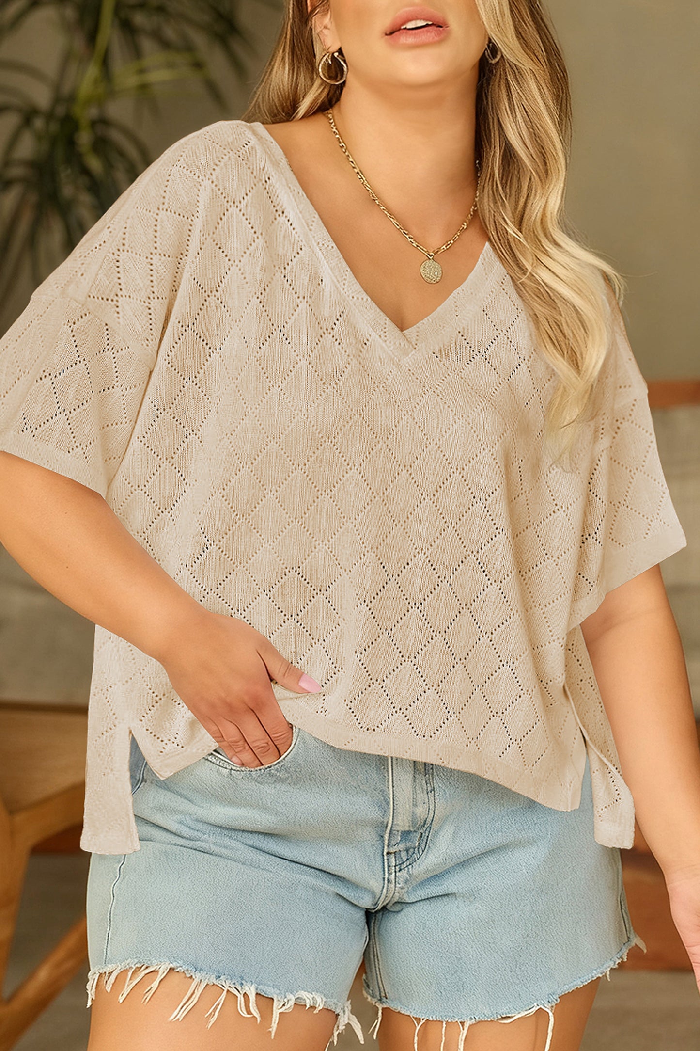 Golden Fleece Pointelle V-Neck Knit Top