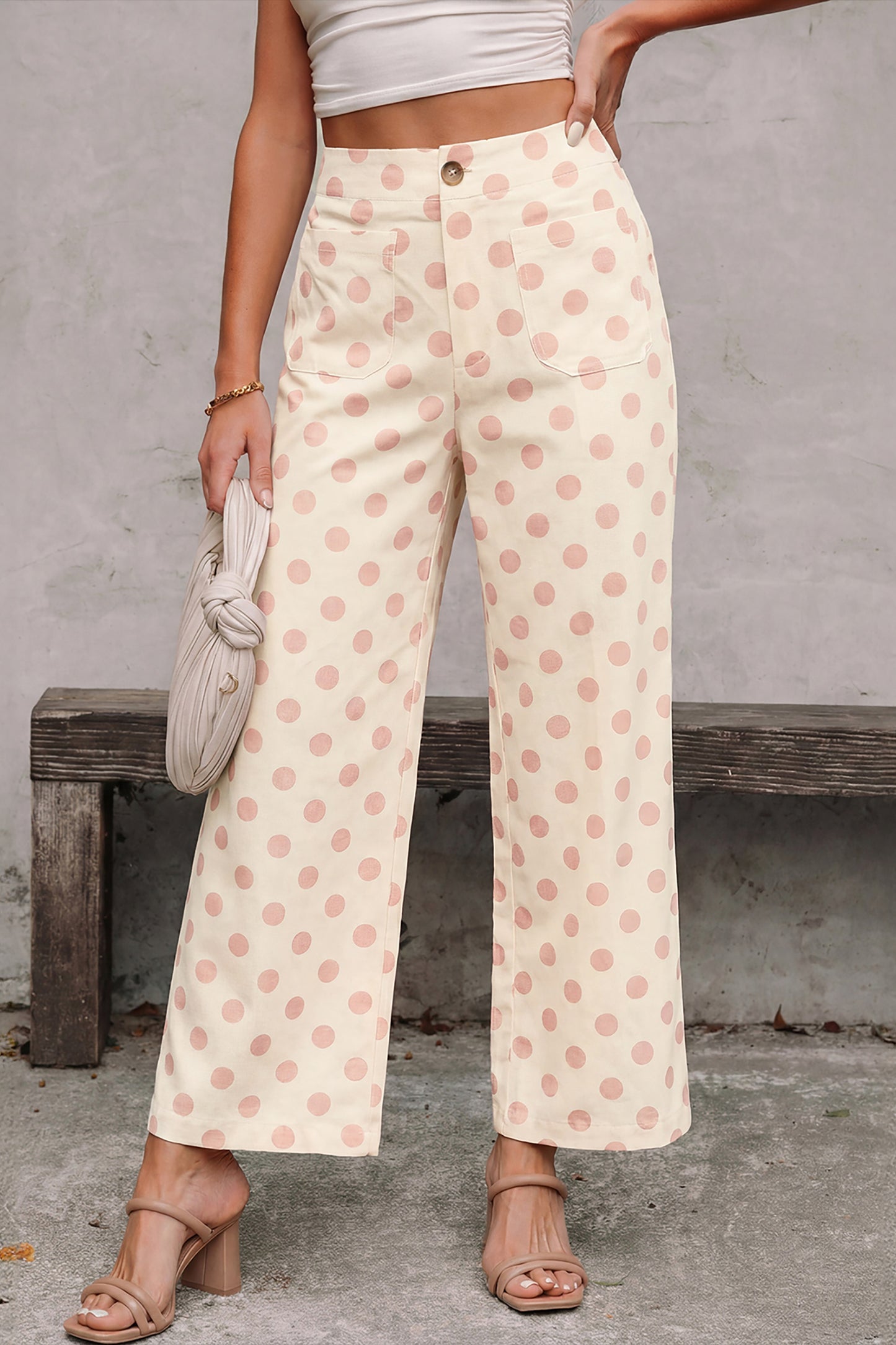 White Polka-Dot Straight-Leg Pants