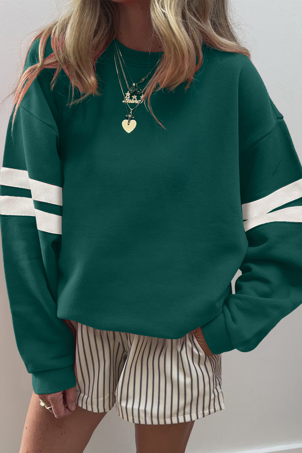 White Varsity Striped Detail Drop-Shoulder Oversized Sweatshirt
