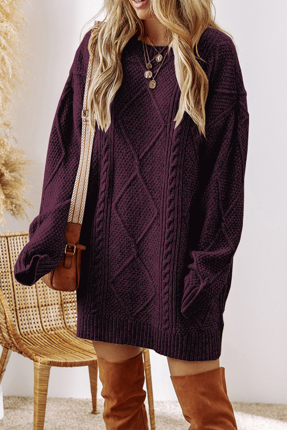 Parchment Cable Knit Drop Shoulder Loose Fit Sweater Dress