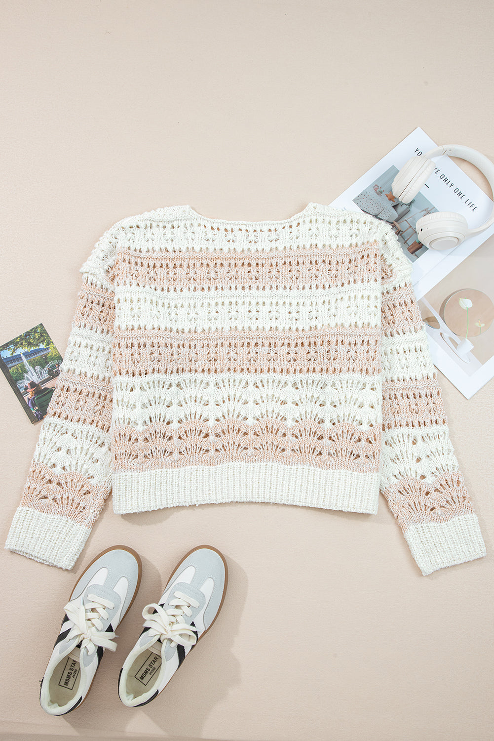 Pink Hollow-out Color-Block Drop-Shoulder Casual Sweater