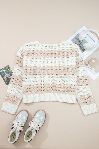 Pink Hollow-out Color-Block Drop-Shoulder Casual Sweater