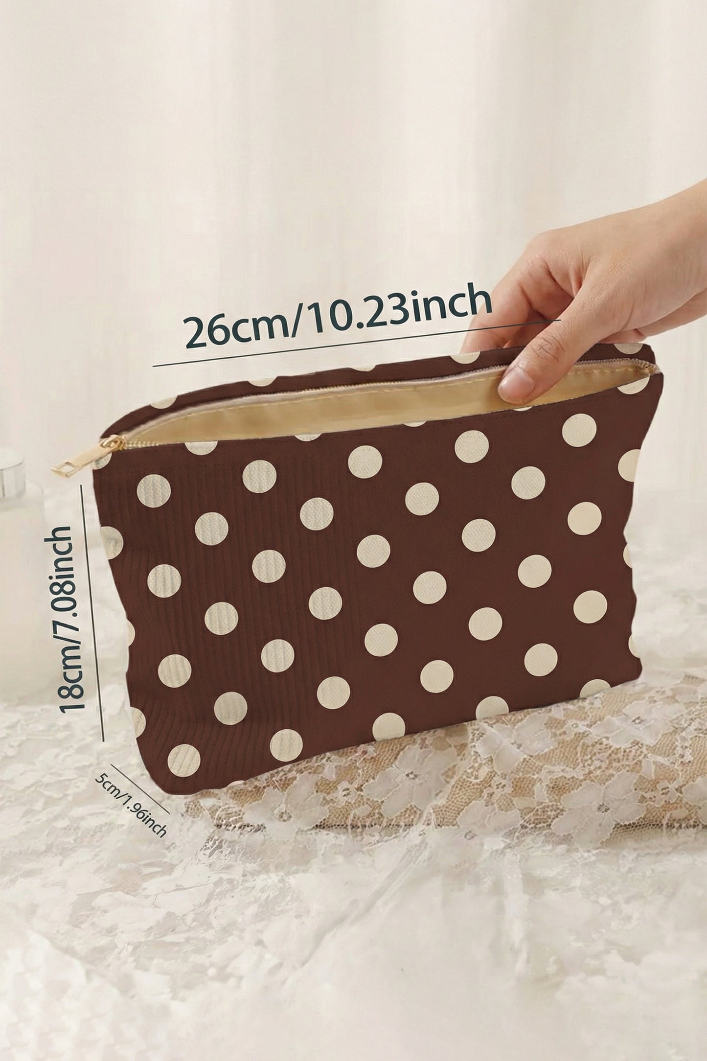 Coffee Polka-Dot Corduroy Makeup Bag