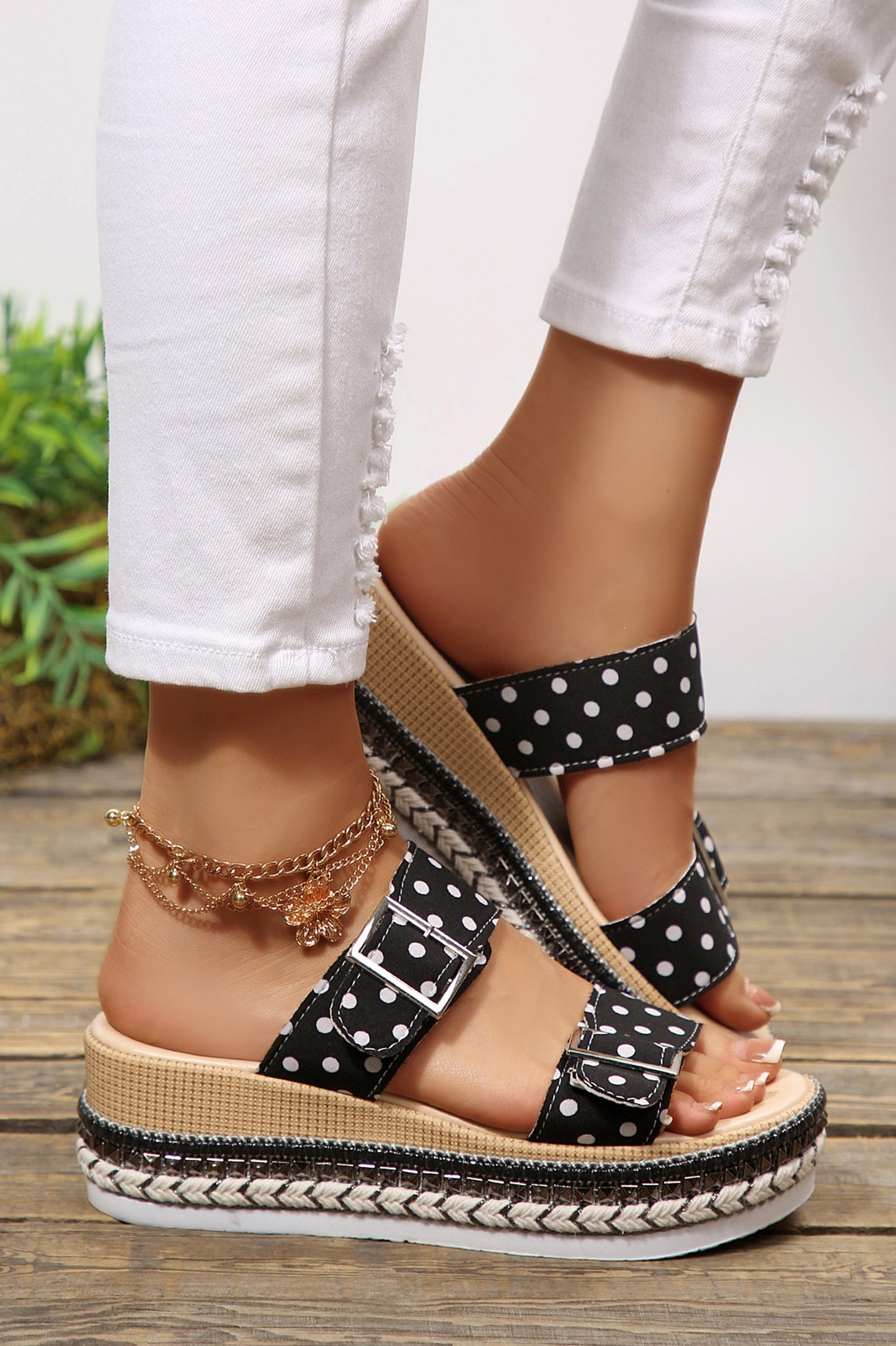 Black Polka-Dot Platform Slides