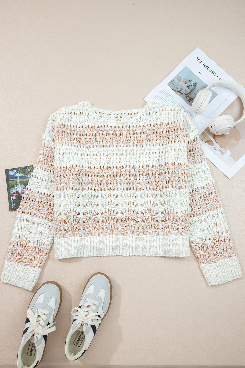 Pink Hollow-out Color-Block Drop-Shoulder Casual Sweater