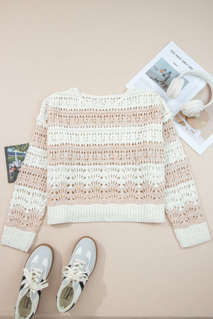 Pink Hollow-out Color-Block Drop-Shoulder Casual Sweater