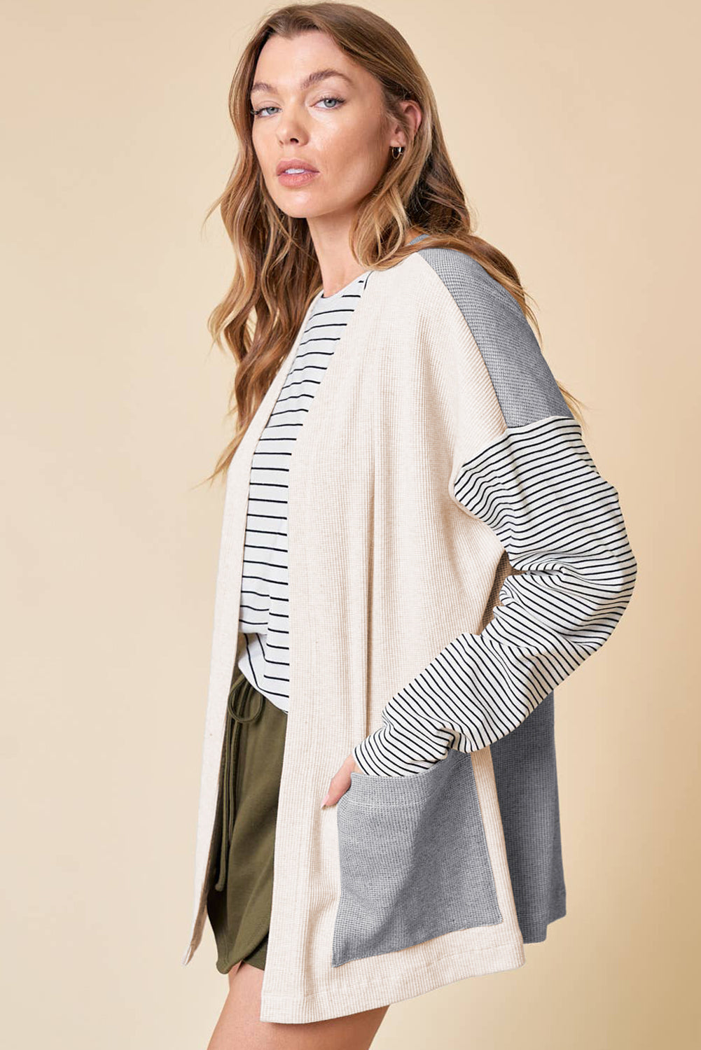 Black Stripe Color-Block Open-Front Cardigan