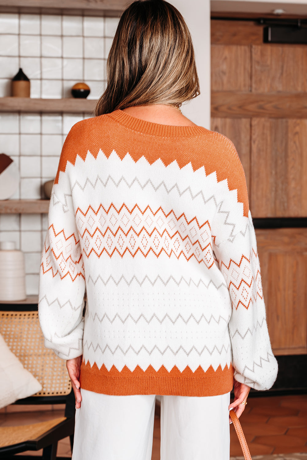 Khaki Zigzag Geometric Sweater