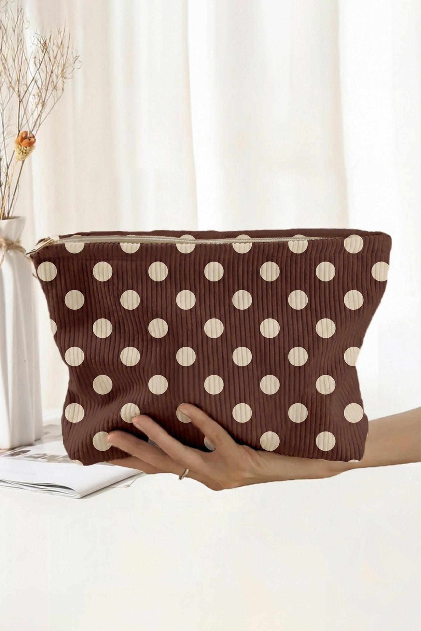 Coffee Polka-Dot Corduroy Makeup Bag