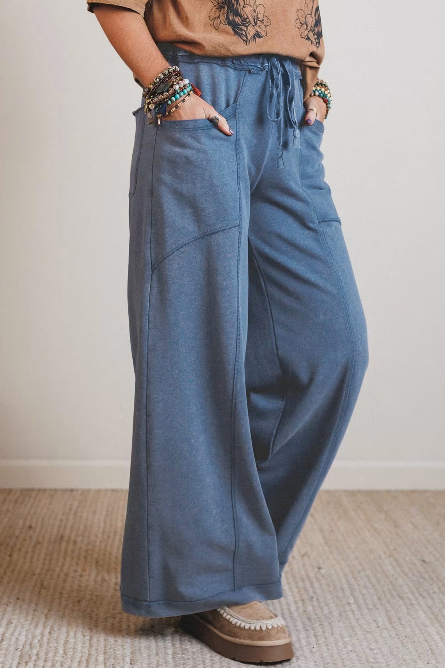 Smoke Gray Mineral Wash Drawstring Retro High-Waist Wide-Leg Pants