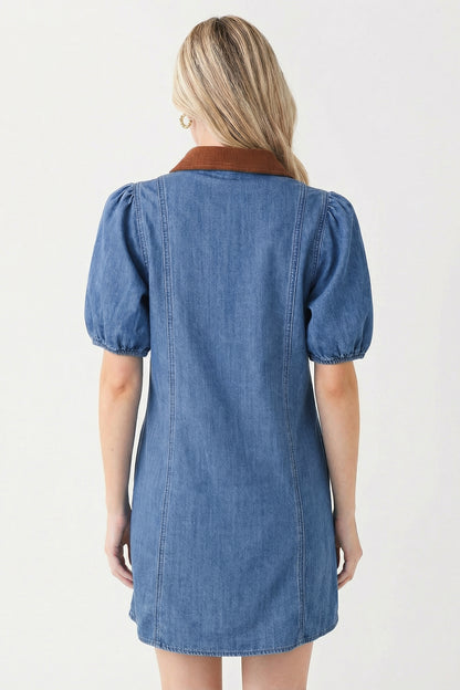 Blue Denim Short Puff Sleeve Color Block Shirt Collar Patchwork Mini Dress