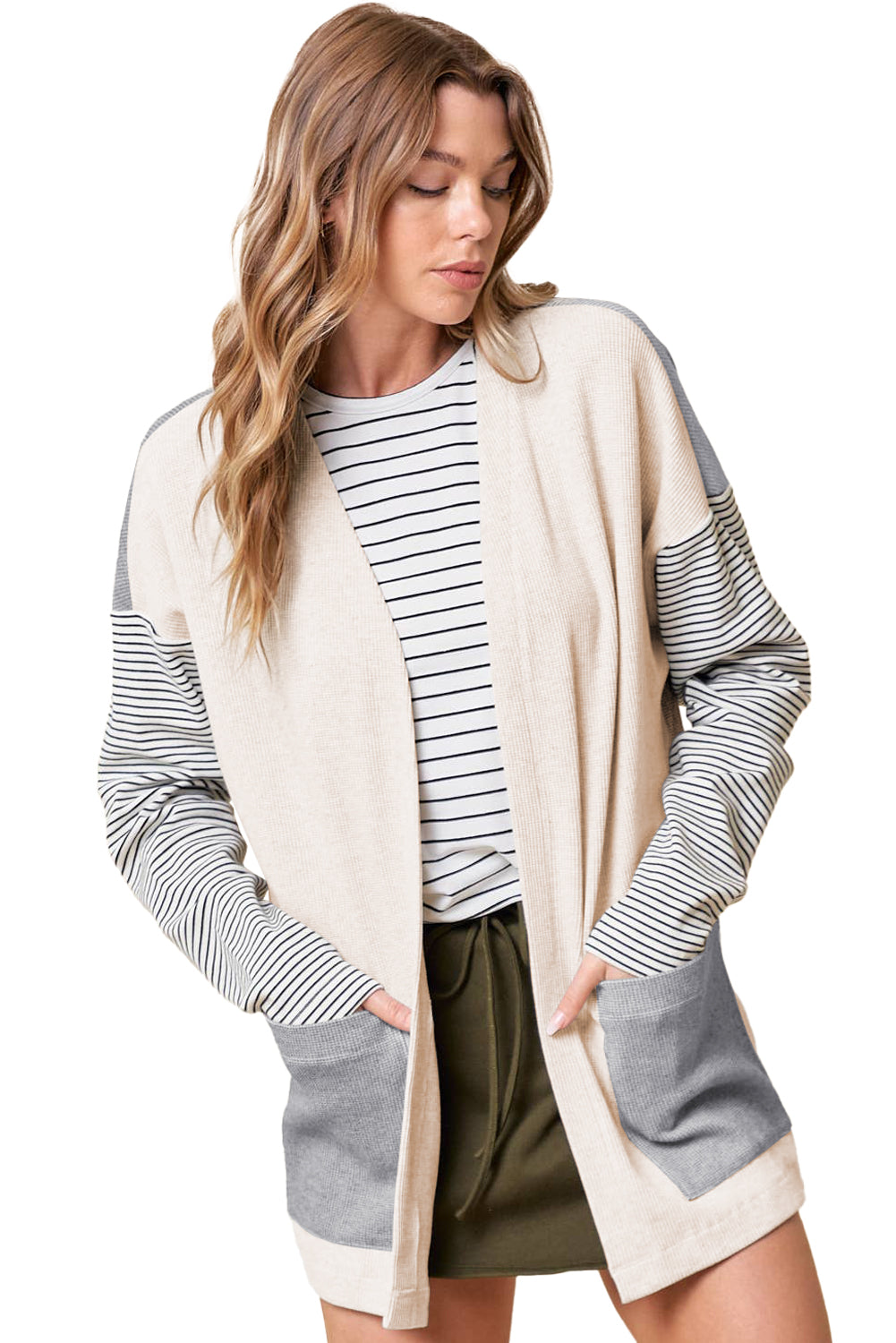 Black Stripe Color-Block Open-Front Cardigan